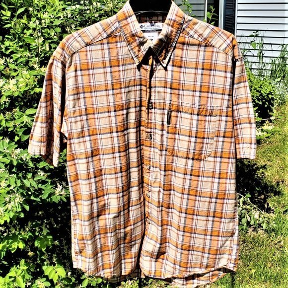 Columbia Men's Orange Plaid Shirt Button Front Short Sleeve Size Medium - Picture 1 of 9